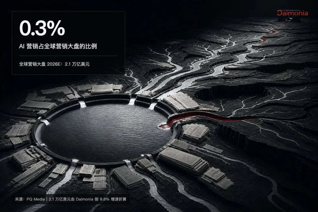 概念图：环形水池代表全球营销大盘，黑色大地上分出一条细小的红色支流，标注 AI 营销占大盘 0.3%