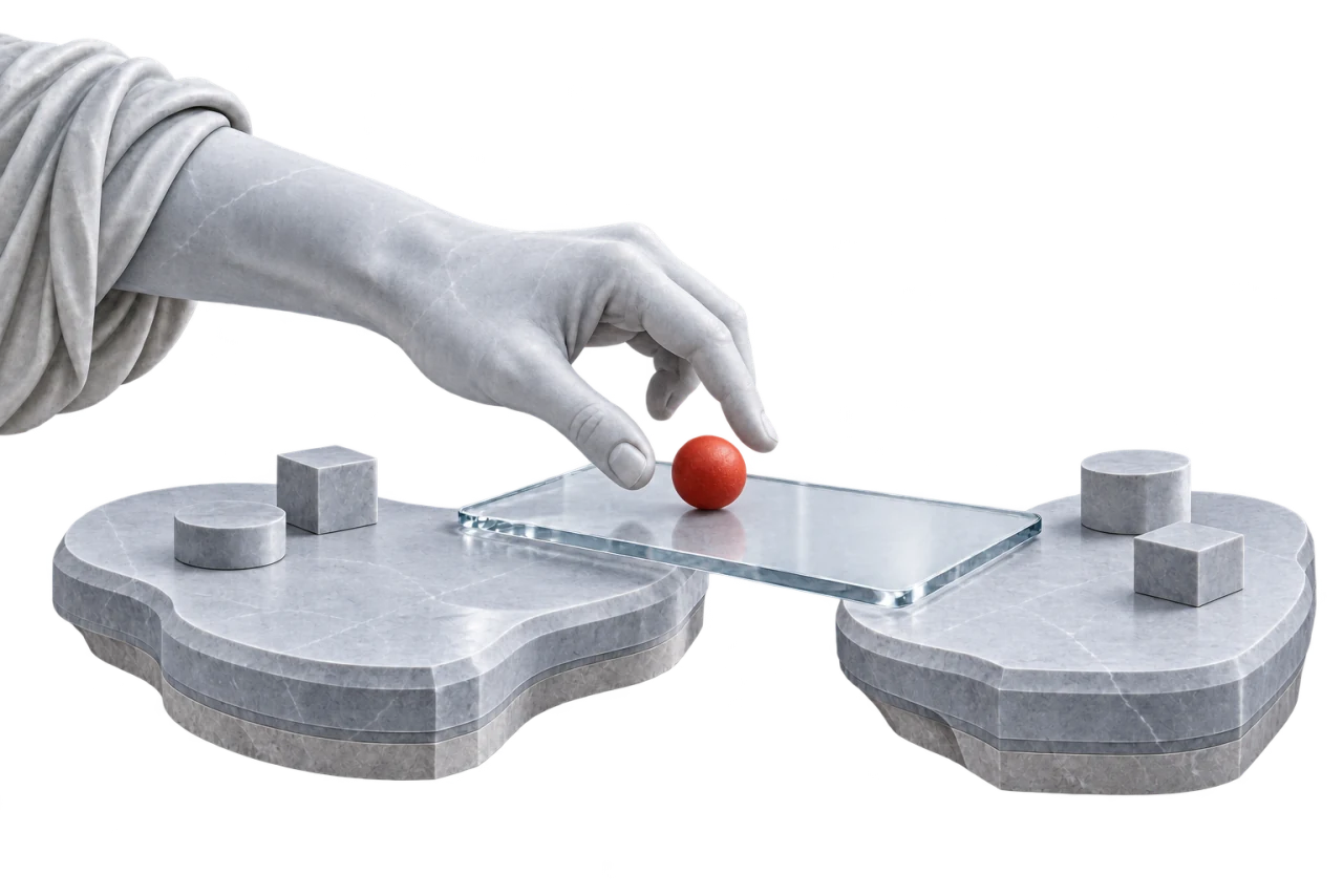 A cool-gray sculpted hand places a small red sphere on a glass planning surface.